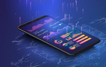 Application of smartphone with business graph and analytics data on isometric laptop . Analysis trends and financial strategy by using infographic chart. Online statistics and data Analytics.